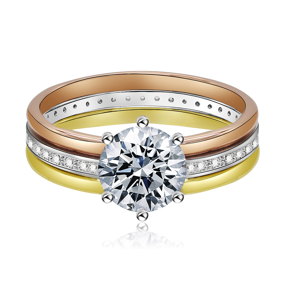 Three Tone Round CZ Solitaire Ring